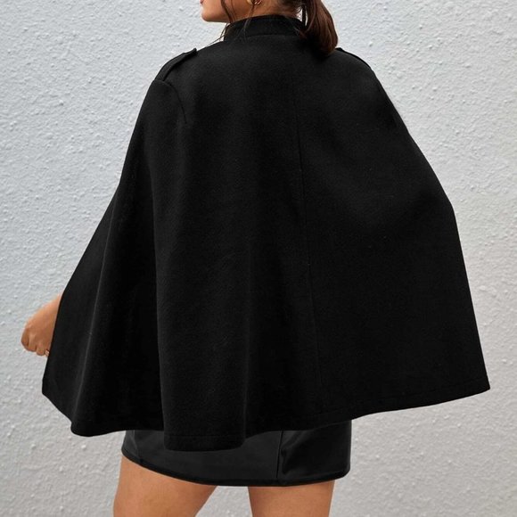 Black Boho Womens Plus Double Breasted Cloak Sleeve Overcoat - Picture 2 of 5